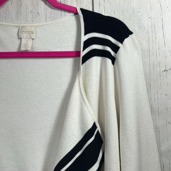 Chicos Sam Striped Draped Black & White Casual Travel Soft Open Front Cardigan - Picture 4 of 16